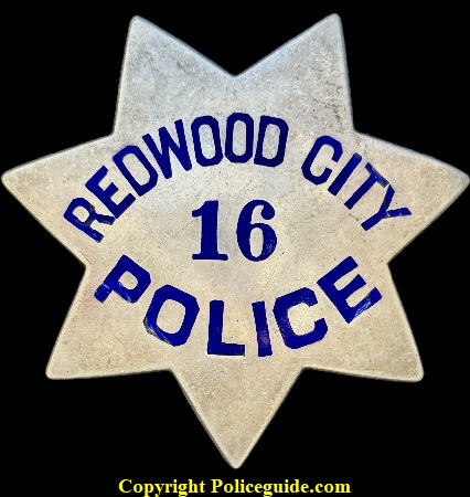 Redwood City Police star No. 16, sterling silver, hallmarked Irvine & Jachens S.F. and dated 1-31-49.  Has the Jewelry Workers Union Stamp Local 64.