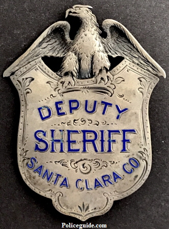 Santa Clara County deputy sheriff badge, circa 1880.  Sterling silver, hand engraved, T-pin.