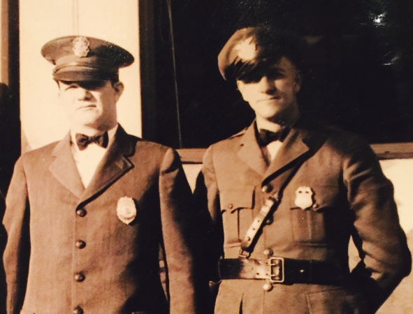 This image shows Watsonville police officers wearing both styles of badges.