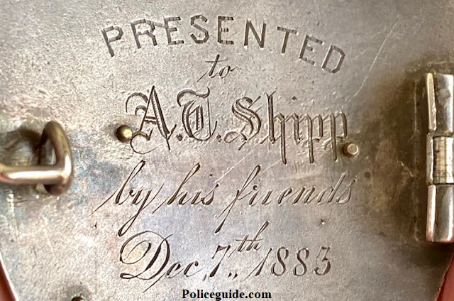 Sargent of Police No. 3 St. Louis, MO Police Dept.  Made of sterling & gold.  Presented to A. T. Shipp by his friends Dec. 7th 1883.