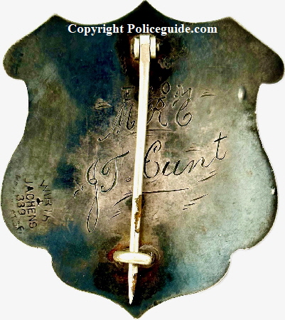 Sheriff Montgomery Co. MO shield of J. T. Hunt.  Back of badge the presentation reads:  From M.R.C. to J.T. Hunt., made by Wirth & Jachens S. F. circa 1900.