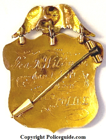 Sheriff of Hawaii badge presentation:  Geo. H. Williams / Jan. 1, 1894 / From Hilo Police