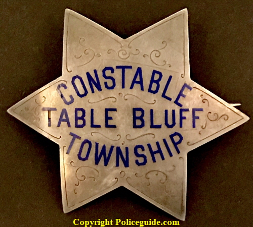 Constable Table Bluff Township (Loleta) is made of sterling silver with hard fired blue enamel and hand engraved.  Circa 1910.