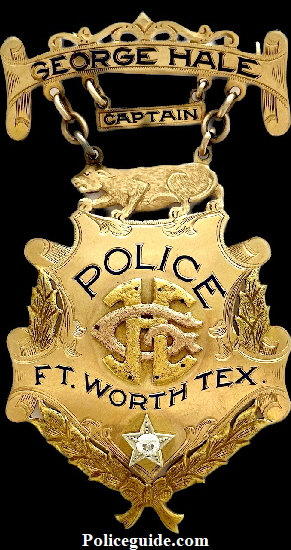 14k gold Ft. Worth Police presentation Captain badge to George Hale.  Presentation on back “Boys of North Side to Captain Hale 3-16-23.