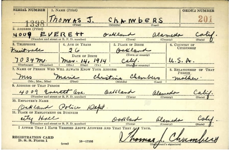 October 16, 1940 Draft Card for Thomas J. Chambers showing his occupation as Oakland Police Dept.