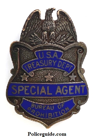 U.S.A. Treasury Dept. Special Agent Bureau of Prohibition.  Hallmarked N. C. Walter & Sons N. Y.  Circa 1927 to 1929.
