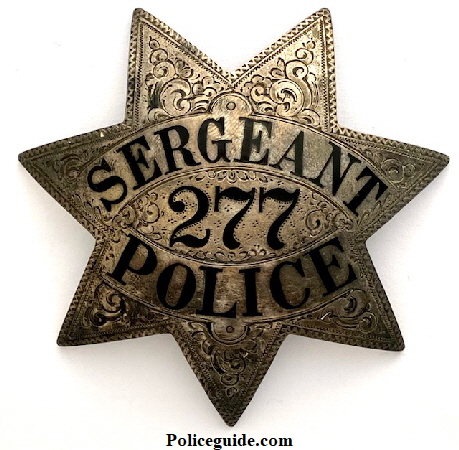 Oaklland Police Sergeant badge #277 worn by Walter Hawkinson, who was appointed 1-16-1921
